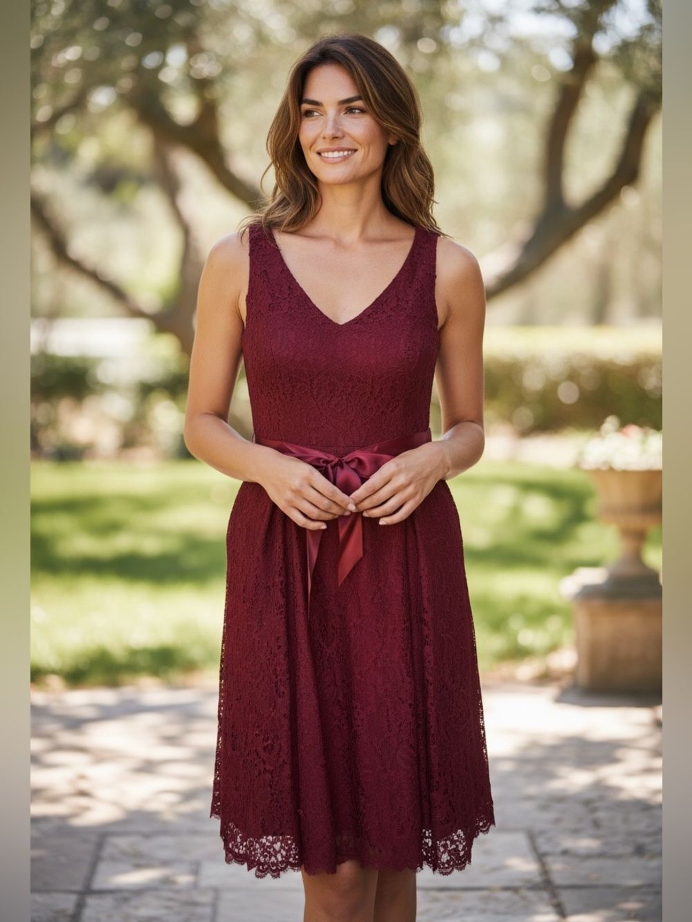 NWT Adrianna Papell Crimson V Neck Lace Dress with Satin Belt